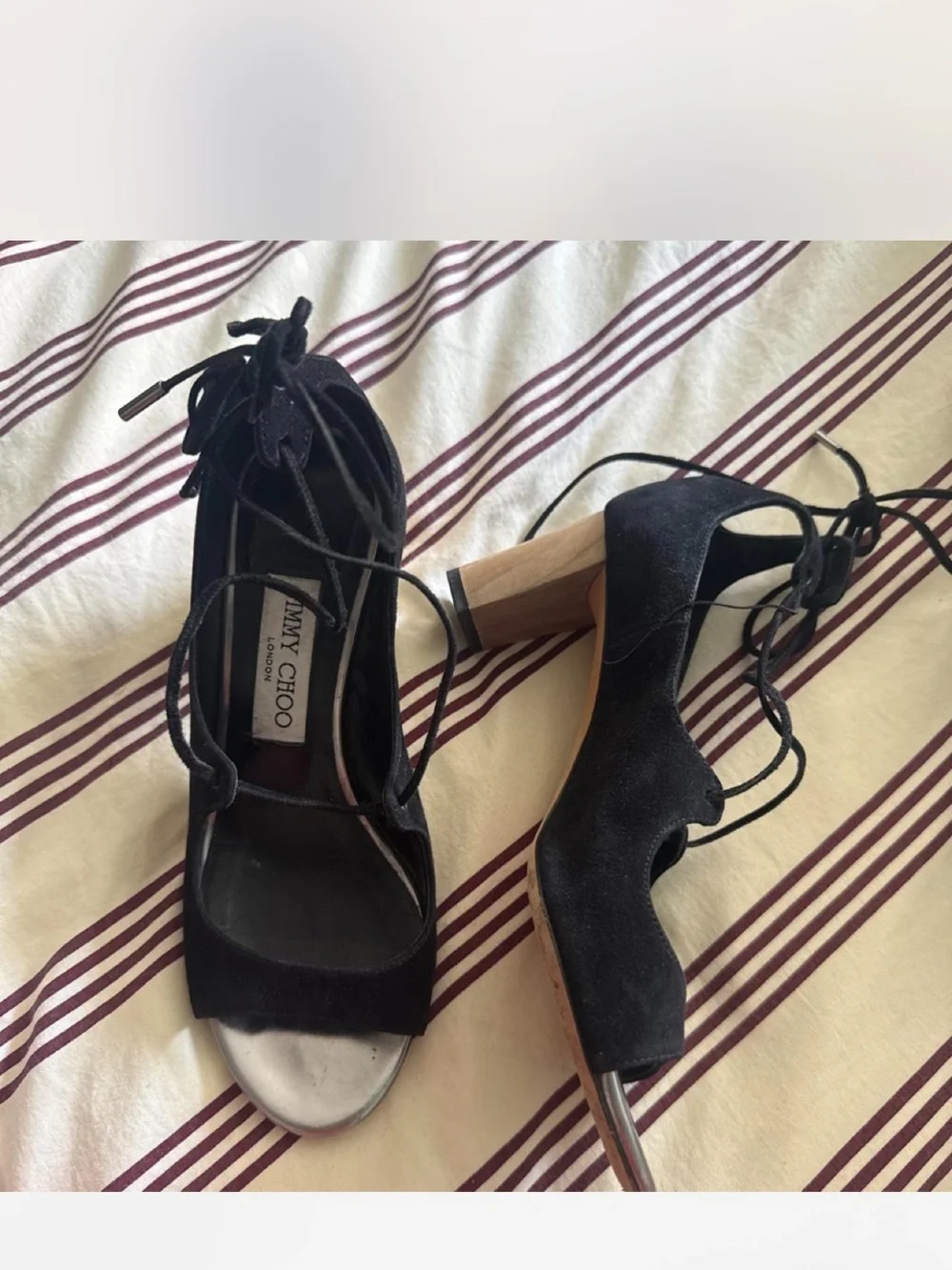 Jimmy Choo Black Lace-Up Suede Peep-Toe Heels